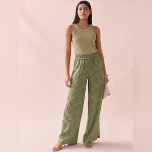 NWT Khaki Green Satin Jacquard Wide Leg Trousers, 6 Long